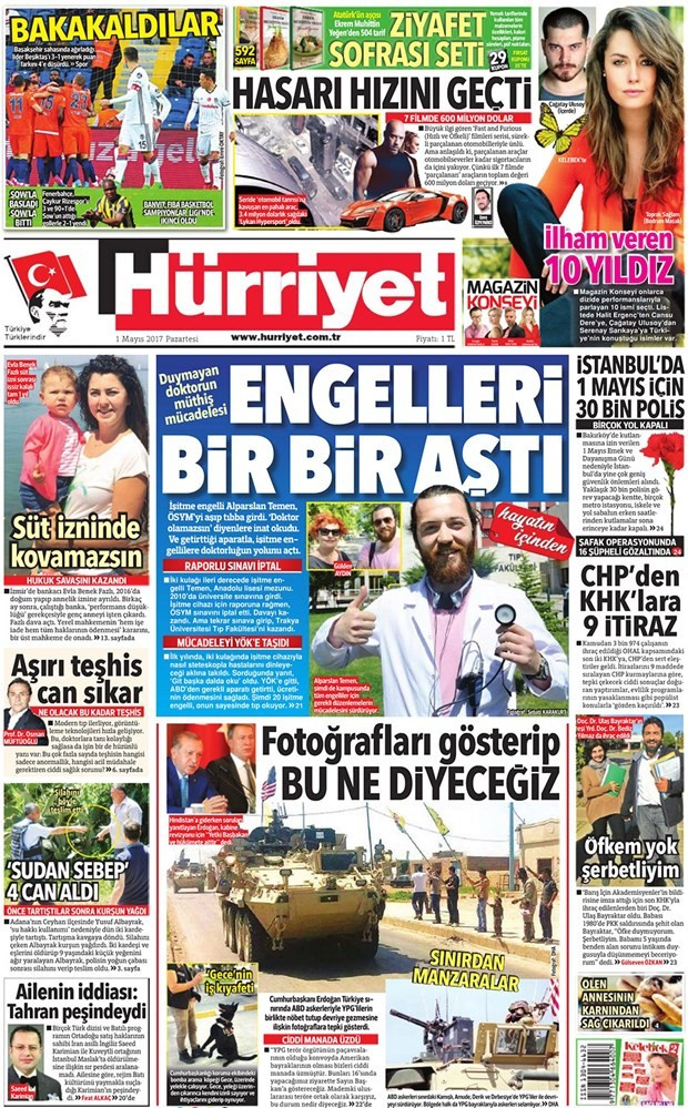 Gazete manşetleri Hürriyet - Sözcü - Fanatik 1 Mayıs 2017