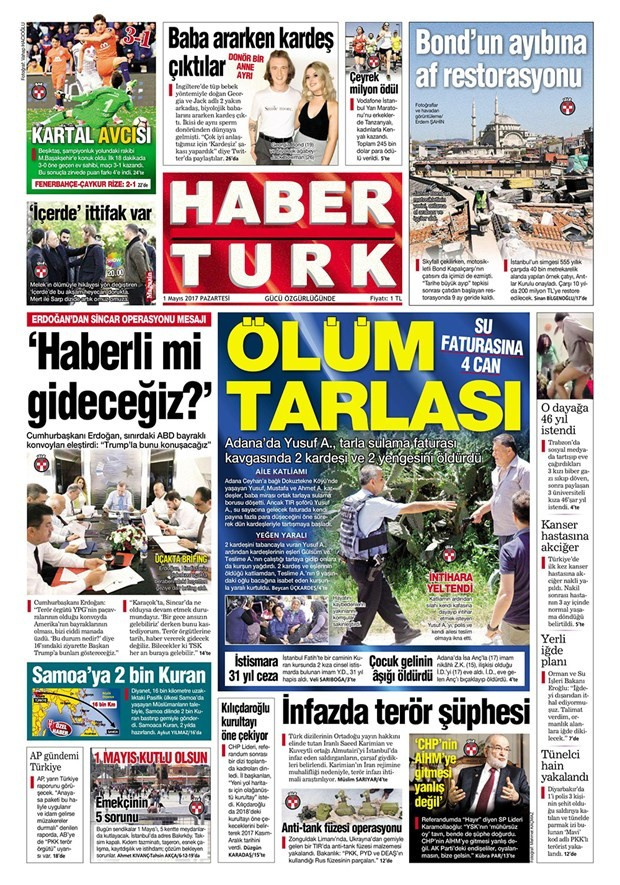 Gazete manşetleri Hürriyet - Sözcü - Fanatik 1 Mayıs 2017