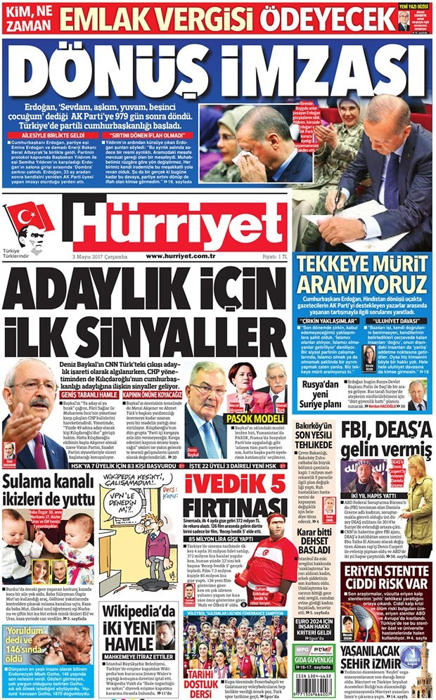 Gazete manşetleri Hürriyet - Sözcü - Habertürk 3 Mayıs 2017