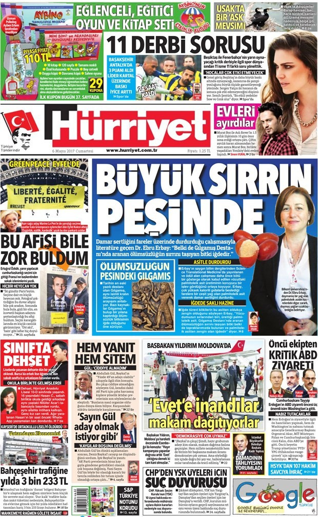 Gazete manşetleri Sabah - Sözcü - Hürriyet 6 Mayıs 2017