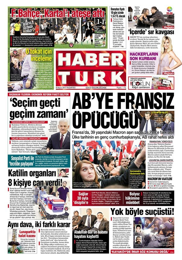 Gazete manşetleri Hürriyet - Fanatik - Fotomaç 8 Mayıs 2017 