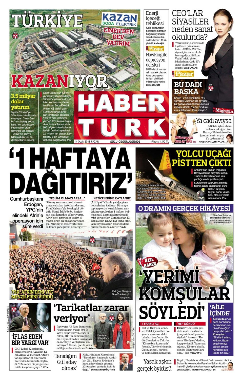 Gazete manşetleri Hürriyet - Sözcü - Fanatik 14 Ocak 2018