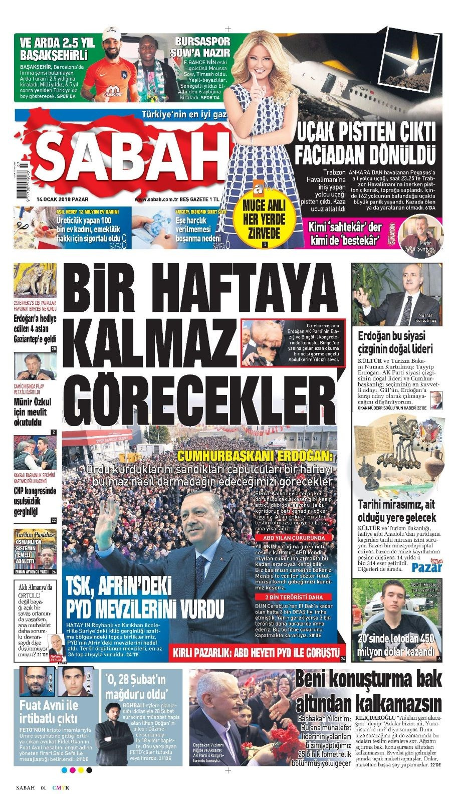 Gazete manşetleri Hürriyet - Sözcü - Fanatik 14 Ocak 2018