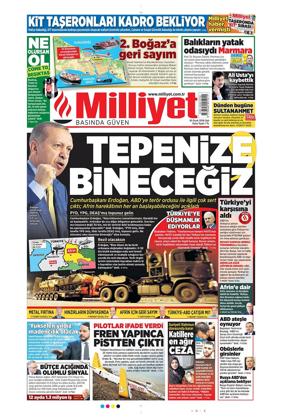 Gazete manşetleri Hürriyet - Sözcü - Milliyet 16 Ocak 2018