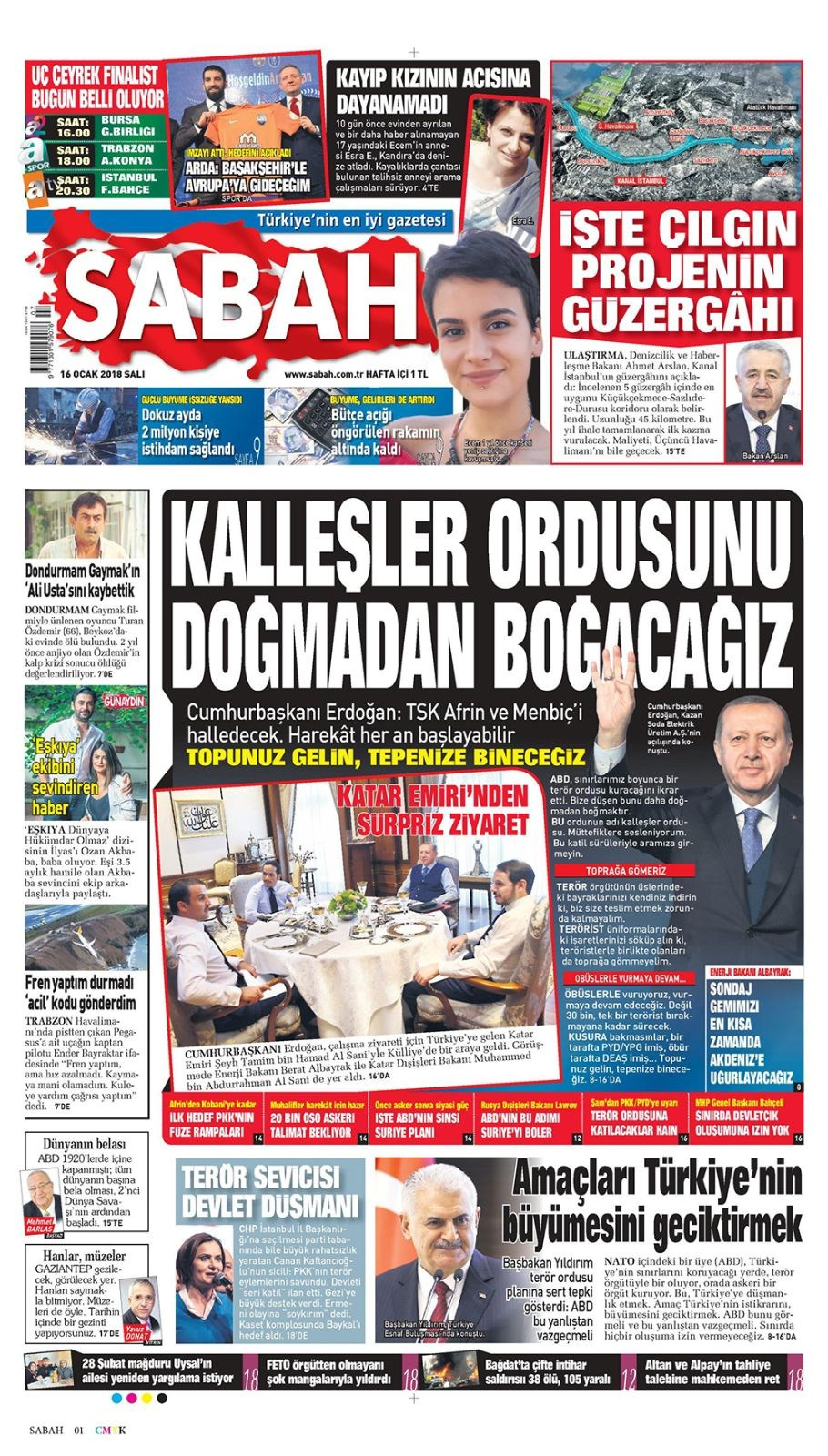 Gazete manşetleri Hürriyet - Sözcü - Milliyet 16 Ocak 2018