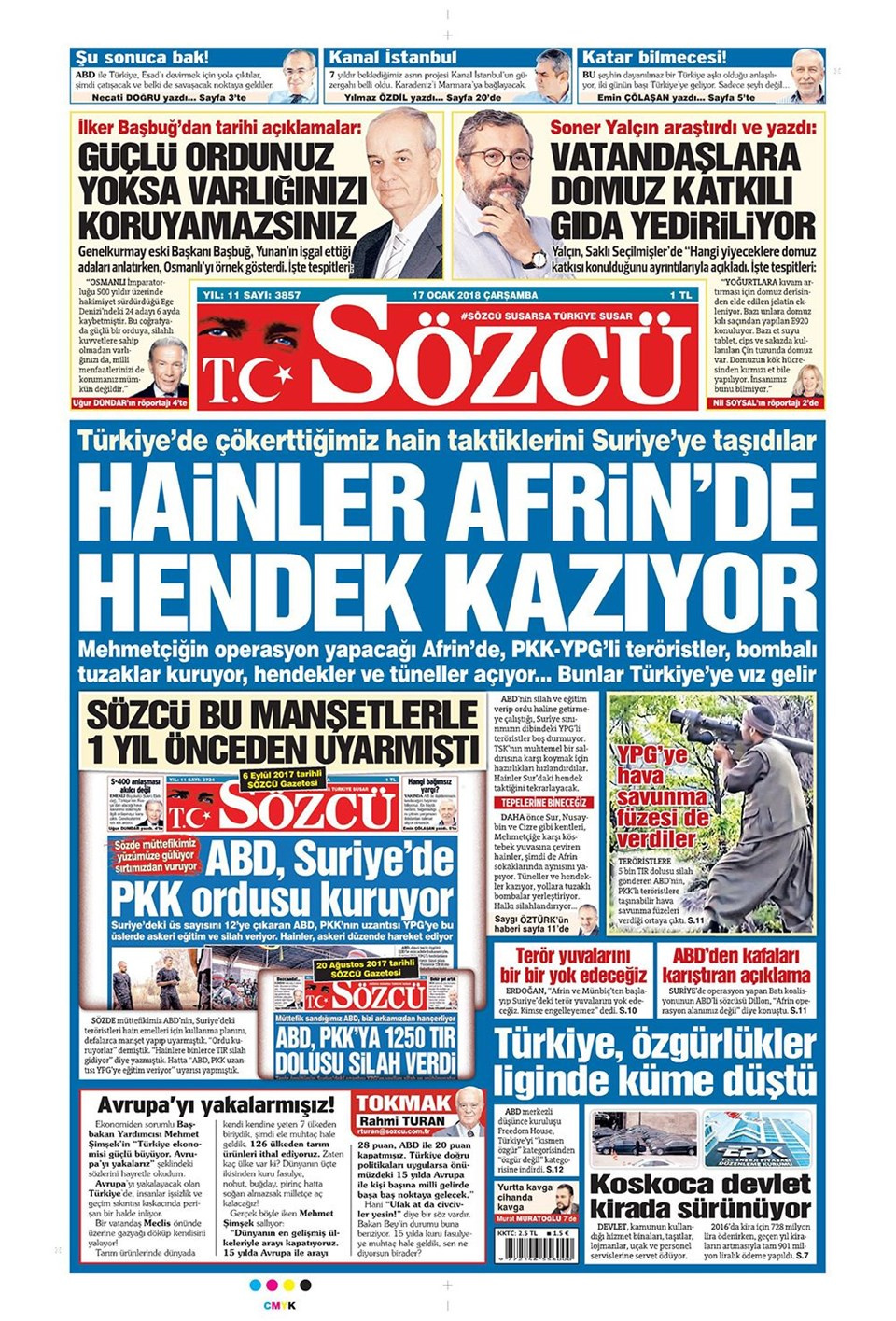 Gazete manşetleri Sözcü - Hürriyet - Habertürk 17 Ocak 2018