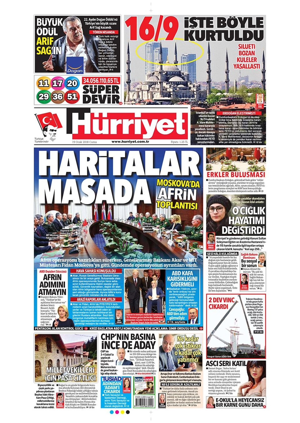 Gazete manşetleri Hürriyet - Sözcü - Fanatik 19 Ocak 2018
