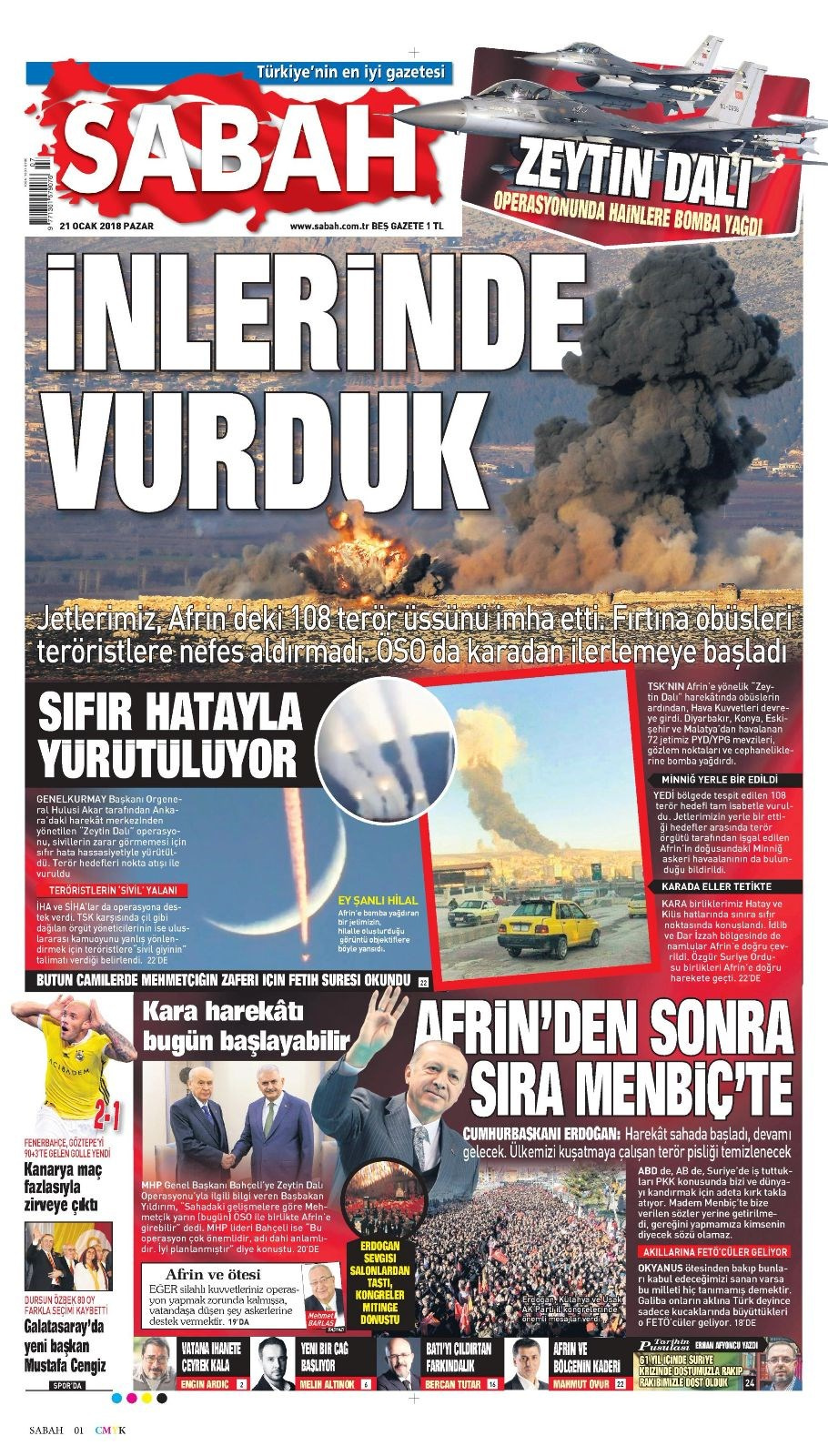 Gazete manşetleri Hürriyet - Sözcü - Fanatik 21 Ocak 2018