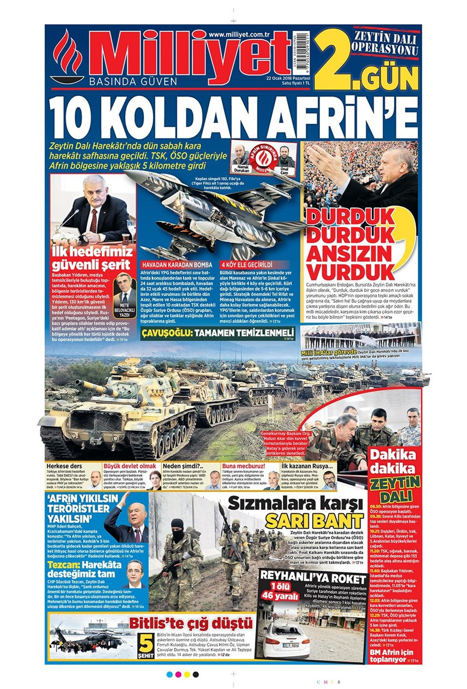 22 Ocak 2018 Hürriyet - Sözcü - Sabah gazete manşetleri