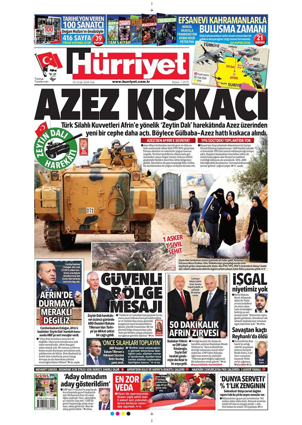 Gazete manşetleri Hürriyet - Fotomaç - Sözcü 23 Ocak 2018