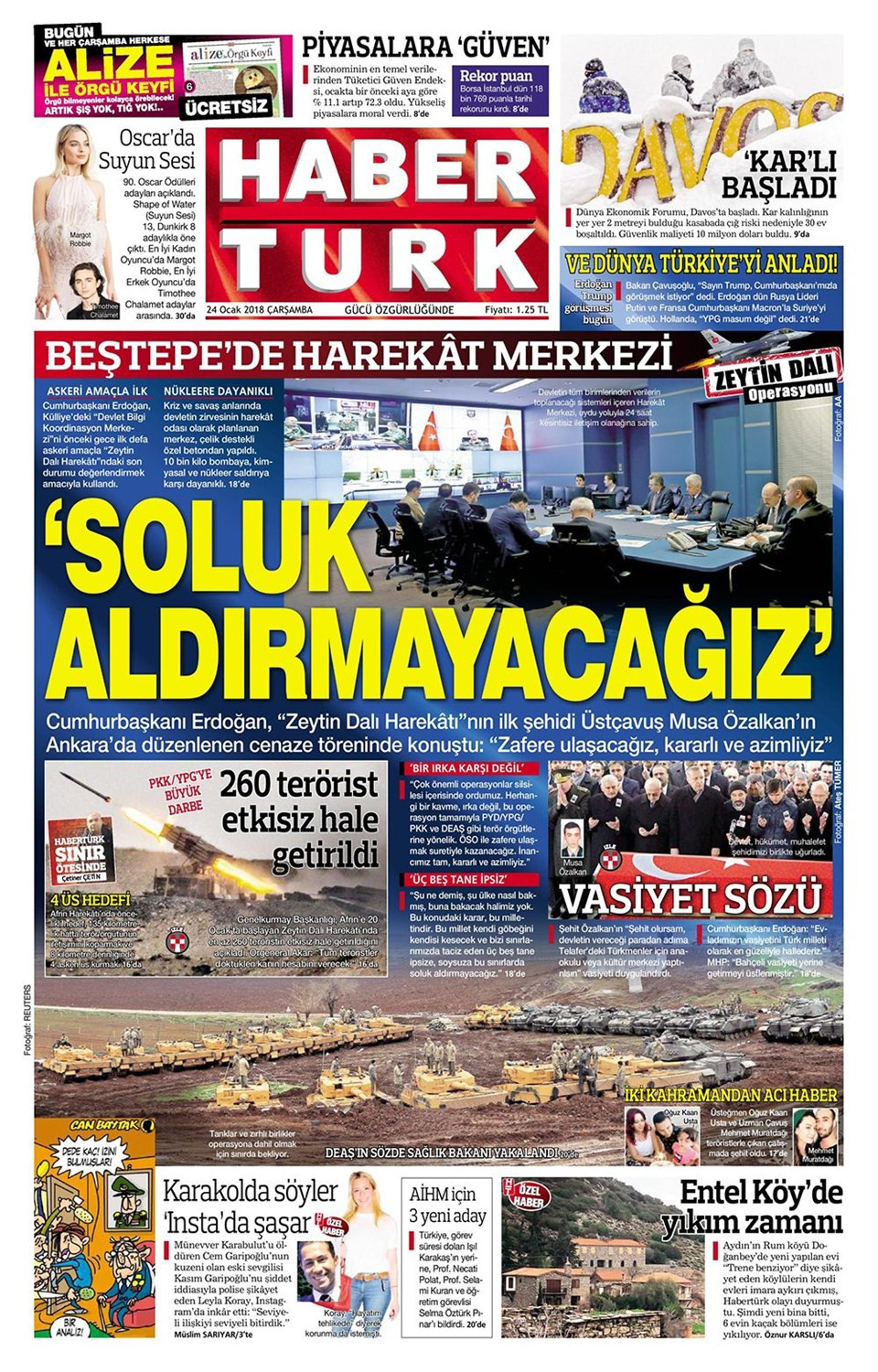 Gazete manşetleri Habertürk - Sözcü - Hürriyet 24 Ocak 2018