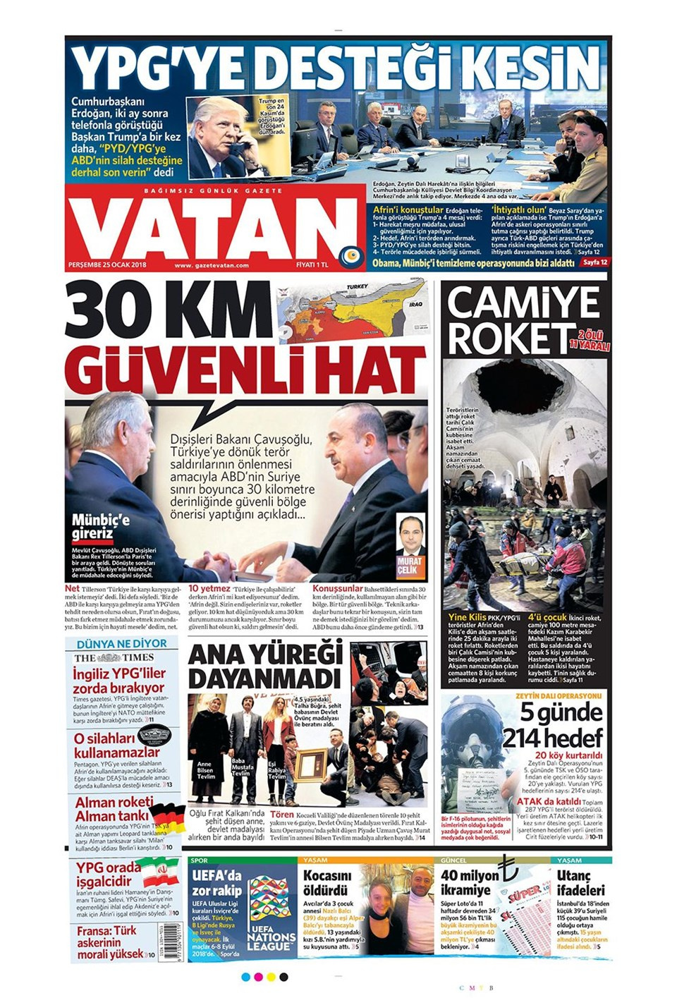 Gazete manşetleri Sözcü - Hürriyet - Milliyet 25 Ocak 2018