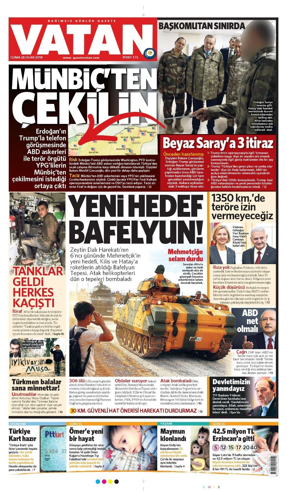 Gazete manşetleri Sözcü - Hürriyet - Habertürk 26 Ocak 2018