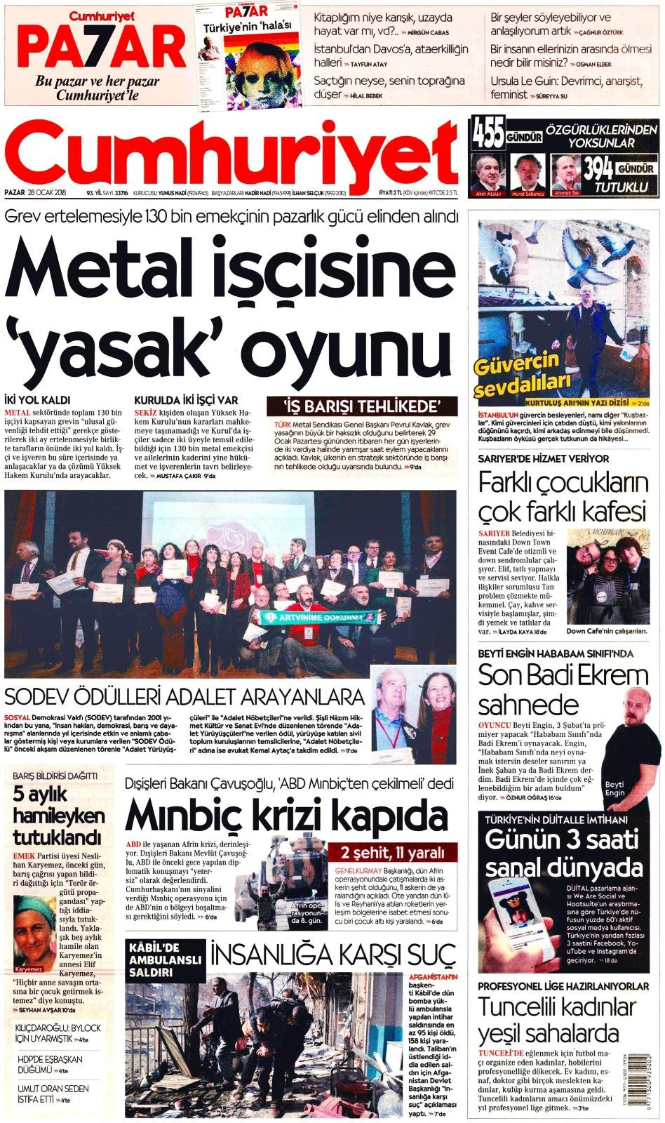 Gazete manşetleri Sözcü - Hürriyet - Sözcü 28 Ocak 2018