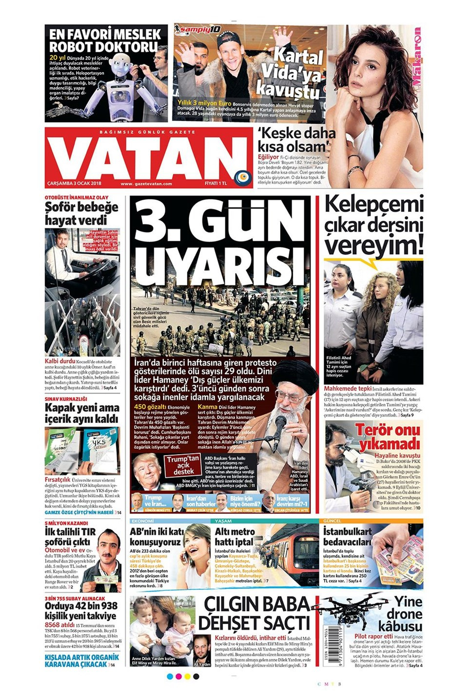 Gazete manşetleri Sözcü - Hürriyet - Habertürk 3 Ocak 2018