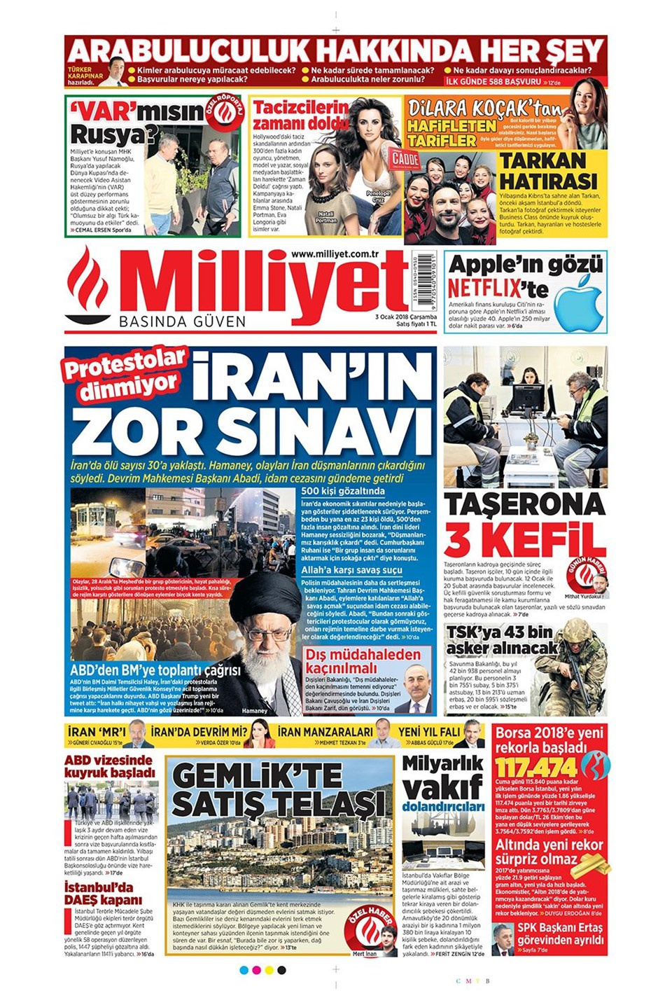 Gazete manşetleri Sözcü - Hürriyet - Habertürk 3 Ocak 2018