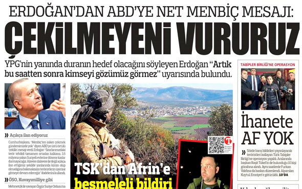 Gazete manşetlerinde Erdoğan'ın ABD'ye Menbiç resti var