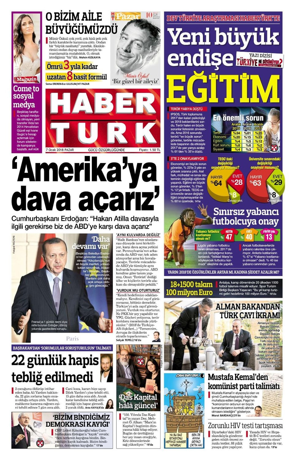 Gazete manşetleri Hürriyet - Sözcü- Sabah 7 Ocak 2018