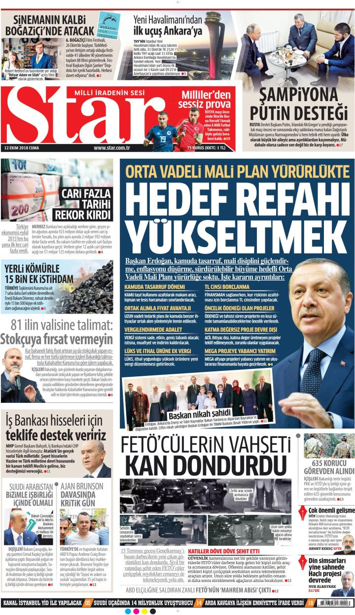Gazete manşetleri 12 Ekim 2018 Hürriyet - Sözcü - Posta - Milliyet