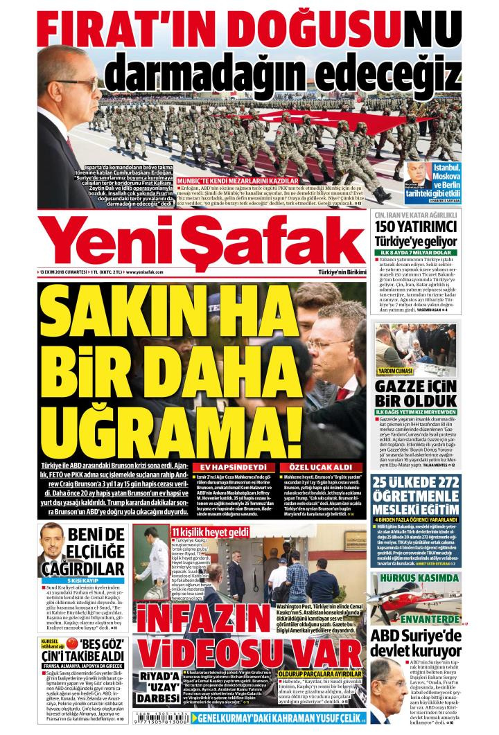 Gazete manşetleri 13 Ekim 2018 Milliyet - Sabah - Sözcü - Hürriyet