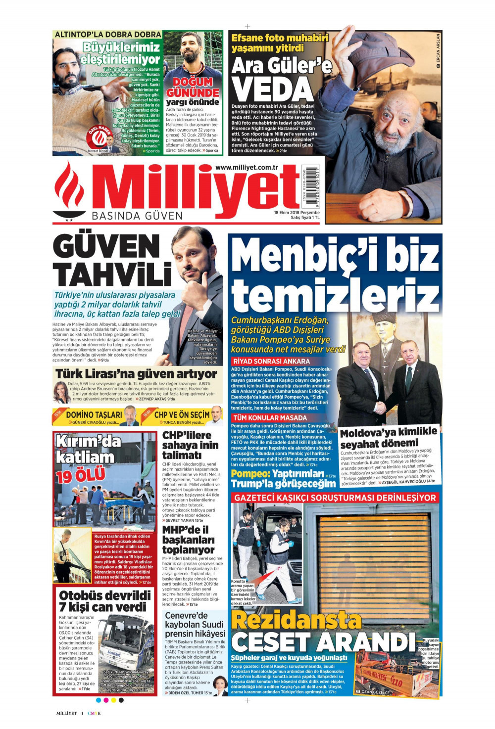 Gazete manşetleri 18 Ekim 2018 Sözcü - Milliyet - Posta - Hürriyet
