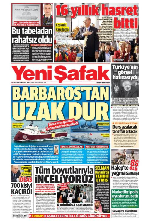 Gazete manşetleri 19 Ekim 2018 Yeni Şafak - Milliyet - Sabah - Hürriyet