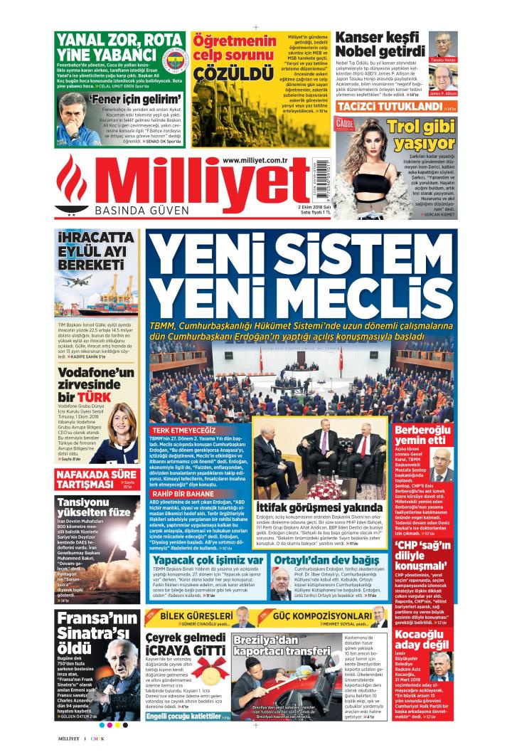 Gazete manşetleri 2 Ekim 2018 Sabah - Hürriyet - Sözcü - Milliyet