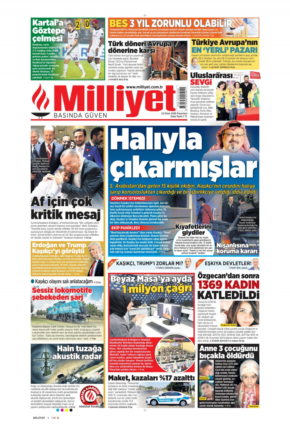 Gazete manşetleri 22 Ekim 2018 Hürriyet - Sözcü - Posta - Milliyet