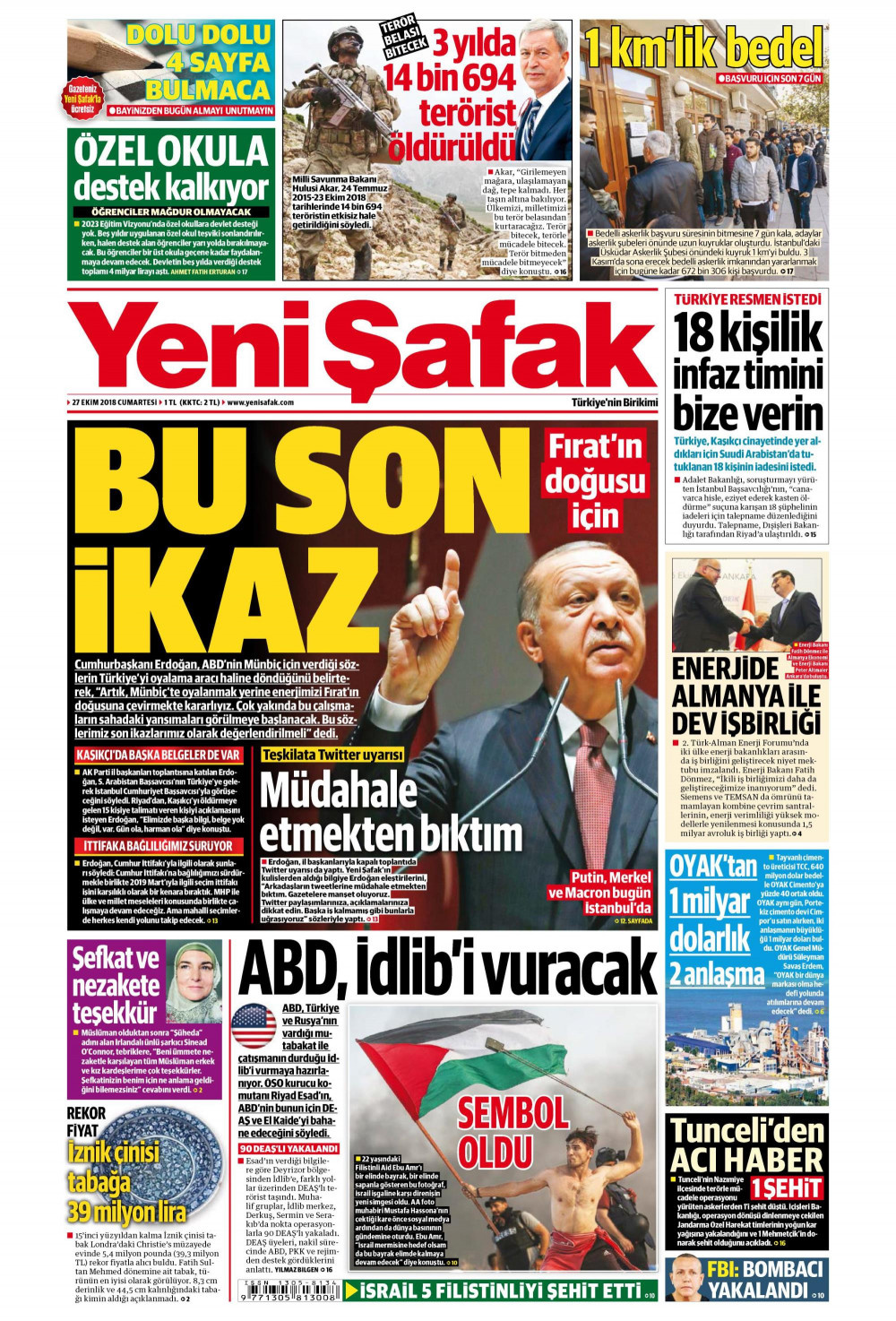 Gazete manşetleri 27 Ekim 2018 Sözcü - Hürriyet - Posta - Milliyet