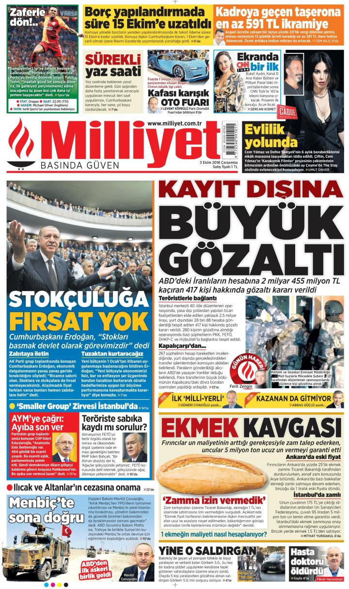 Gazete manşetleri 3 Ekim 2018 Milliyet - Hürriyet - Sözcü - Posta