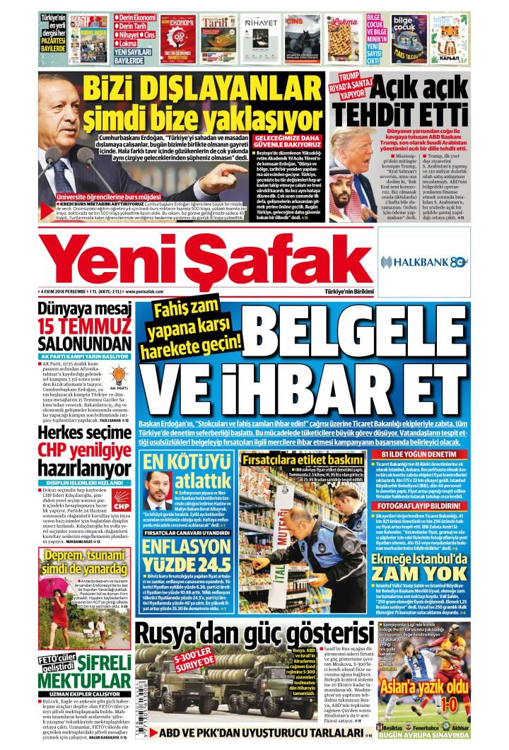 Gazete manşetleri 4 Ekim 2018 Sabah - Yeni Şafak - Hürriyet - Milliyet