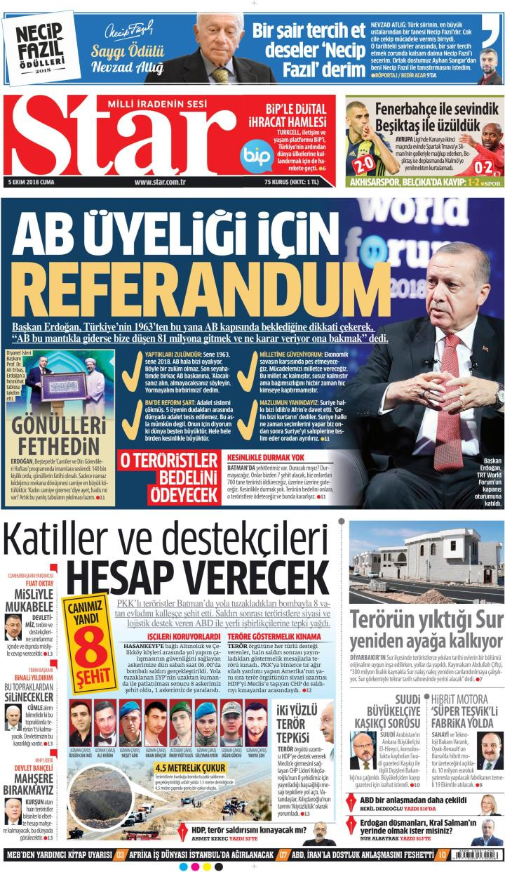 Gazete manşetleri 5 Ekim 2018 Sözcü - Hürriyet - Posta - Milliyet