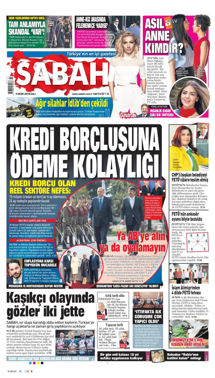 Gazete manşetleri 9 Ekim 2018 Sabah - Hürriyet - Sözcü - Milliyet