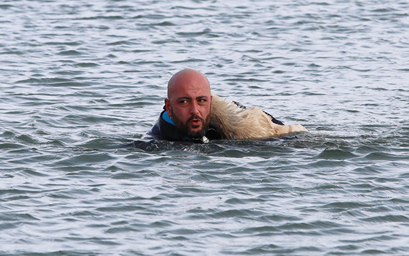 Göldeki köpek yavrusunu buzları kırarak kurtardı