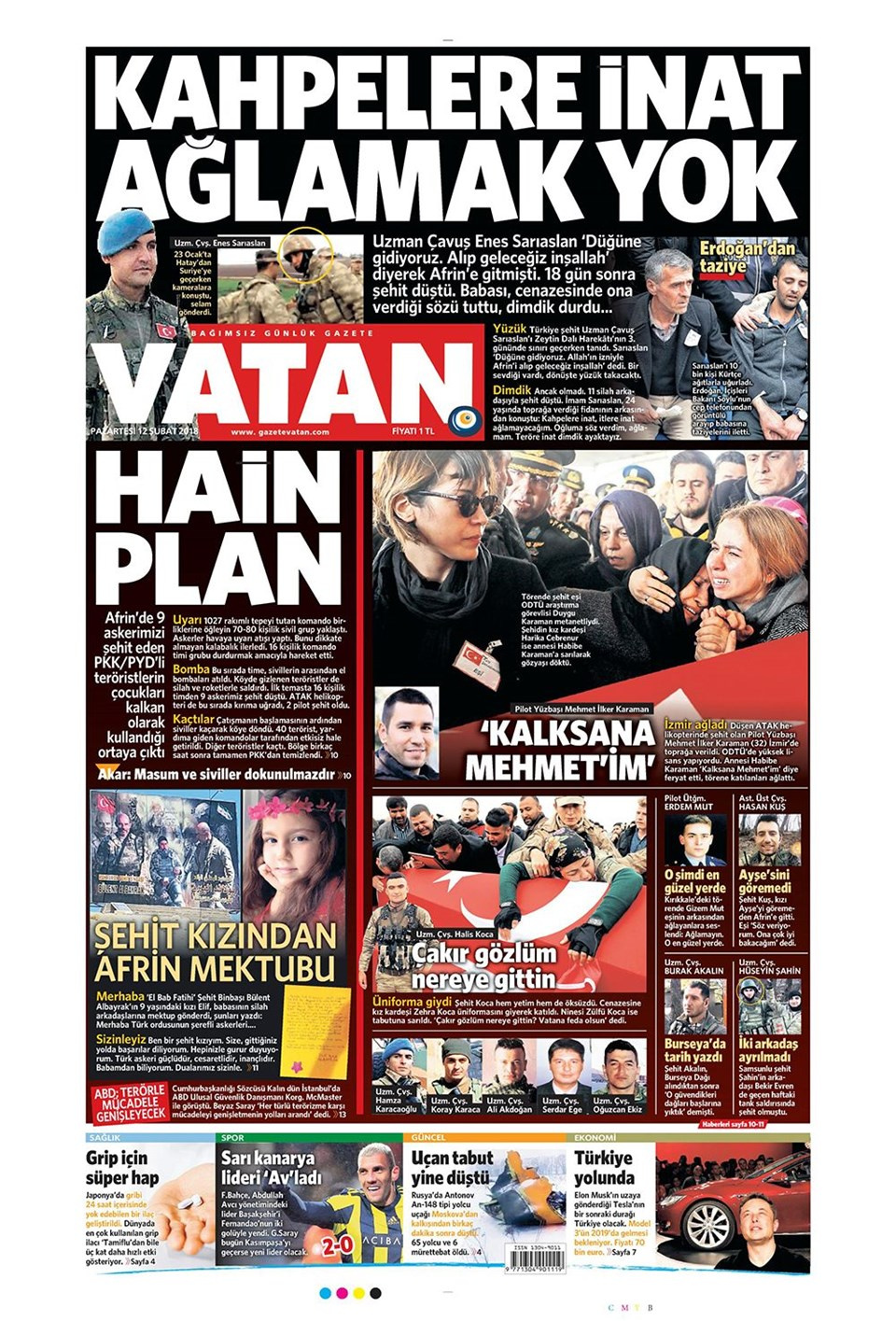 Gazete manşetleri 12 Şubat 2018 Hürriyet - Sözcü - Posta