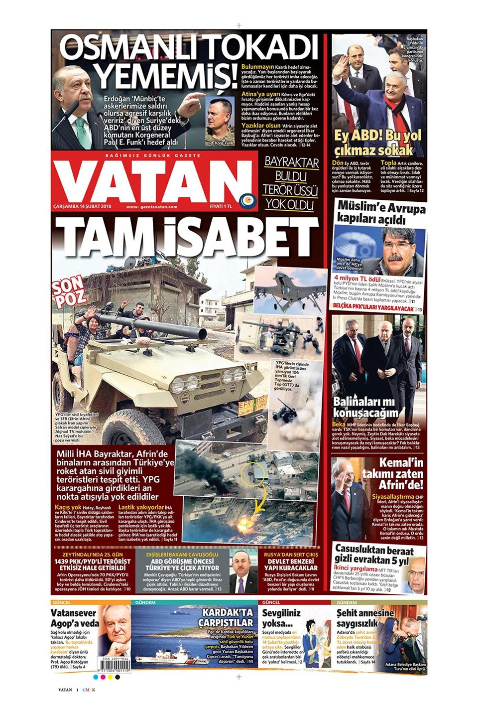 Gazete manşetleri 14 Şubat 2018 Hürriyet - Sözcü - Posta