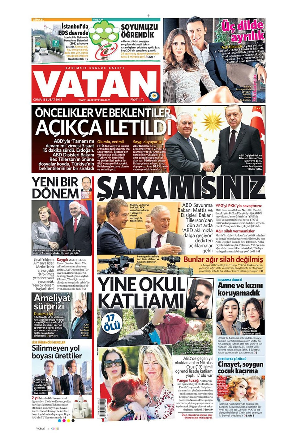 Gazete manşetleri 16 Şubat 2018 Hürriyet - Sözcü - Posta