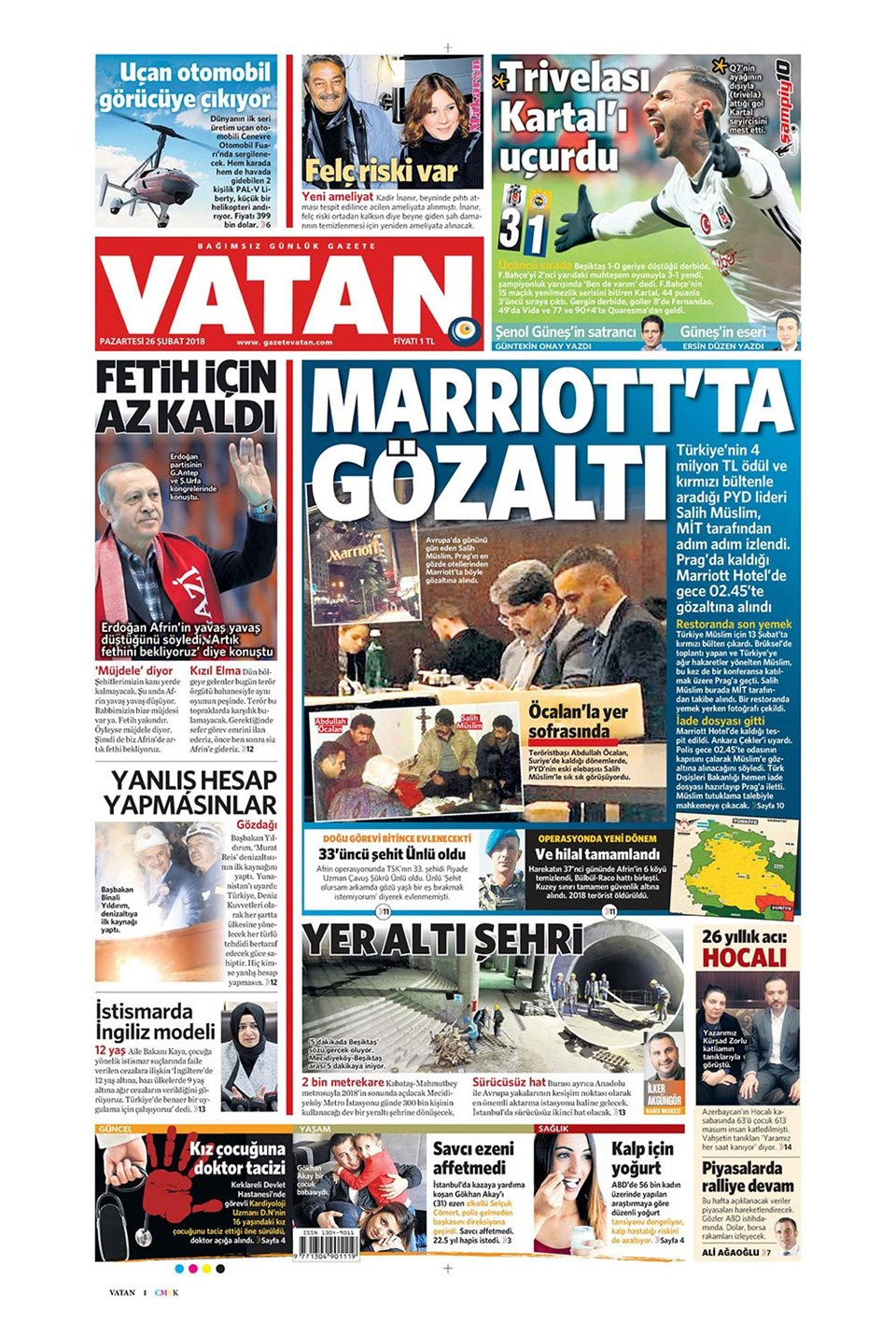 Gazete manşetleri 26 Şubat 2018 Hürriyet - Sözcü - Fanatik