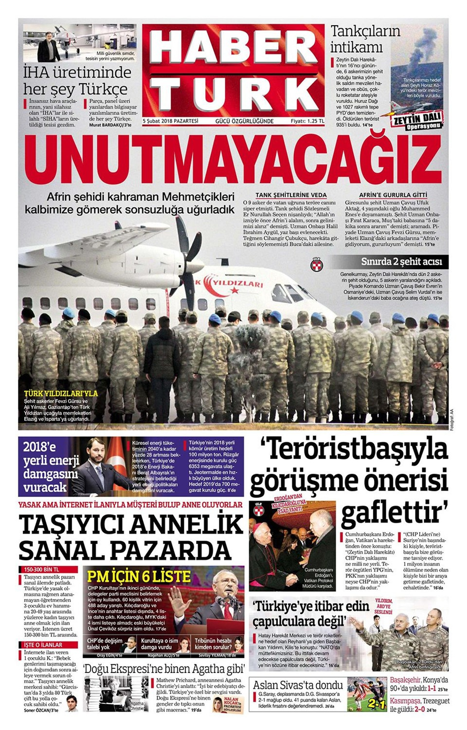 Gazete manşetleri 5 Şubat 2018 Hürriyet - Sözcü - Fanatik