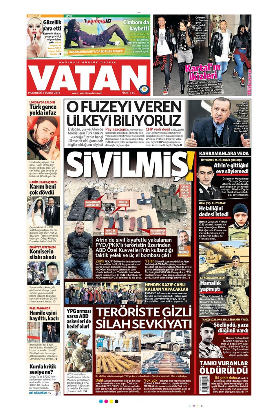 Gazete manşetleri 5 Şubat 2018 Hürriyet - Sözcü - Fanatik