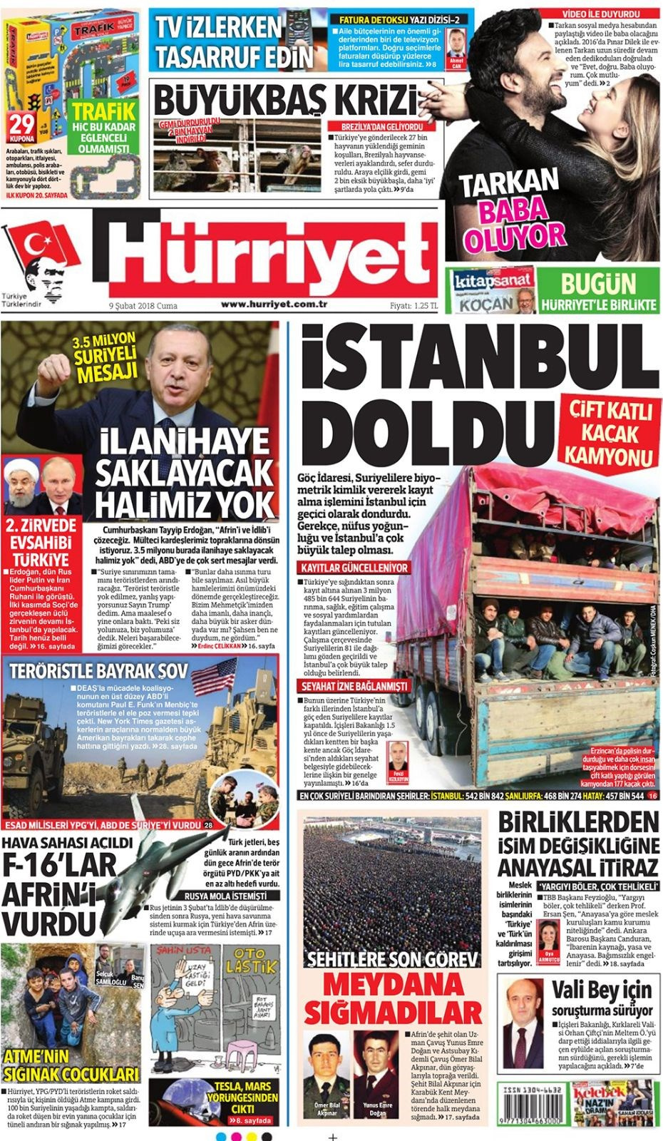 Gazete manşetleri 9 Şubat 2018 Hürriyet - Sözcü - Fanatik
