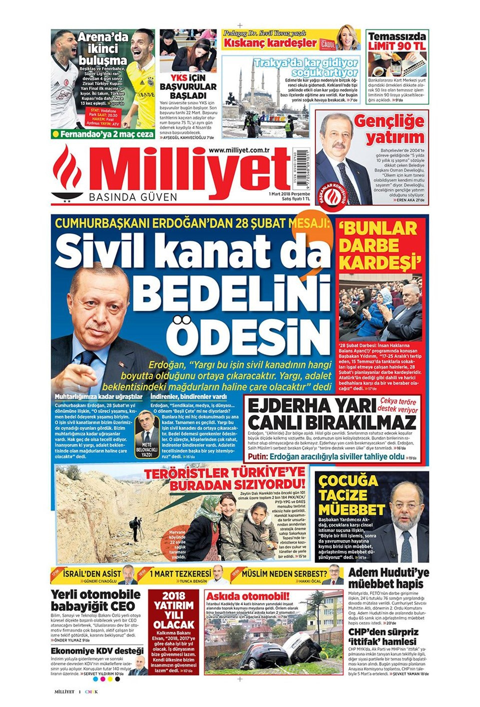 Gazete manşetleri 1 Mart 2018 Hürriyet - Sözcü - Fanatik