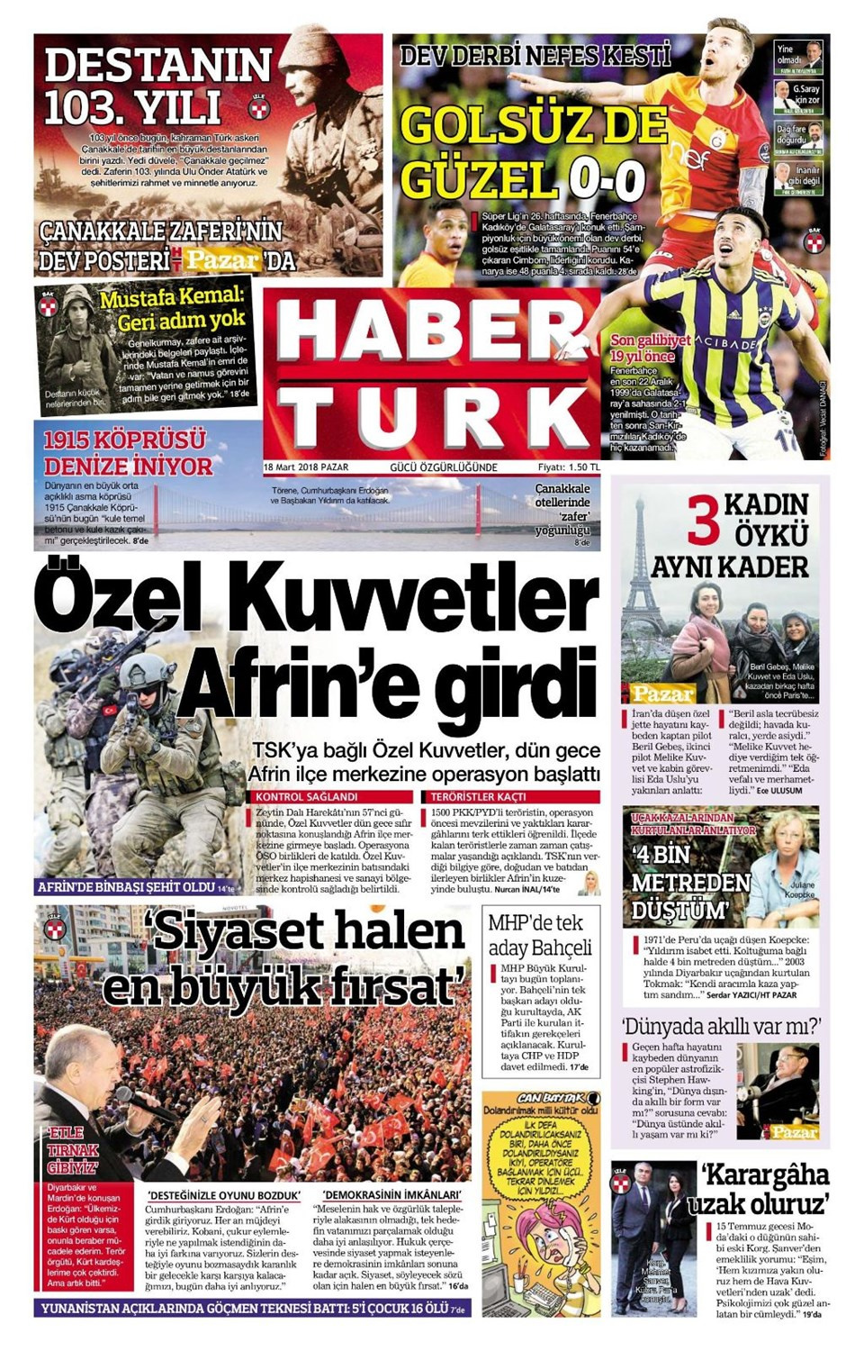 Gazete manşetleri 18 Mart 2018 Hürriyet - Sözcü - Fanatik
