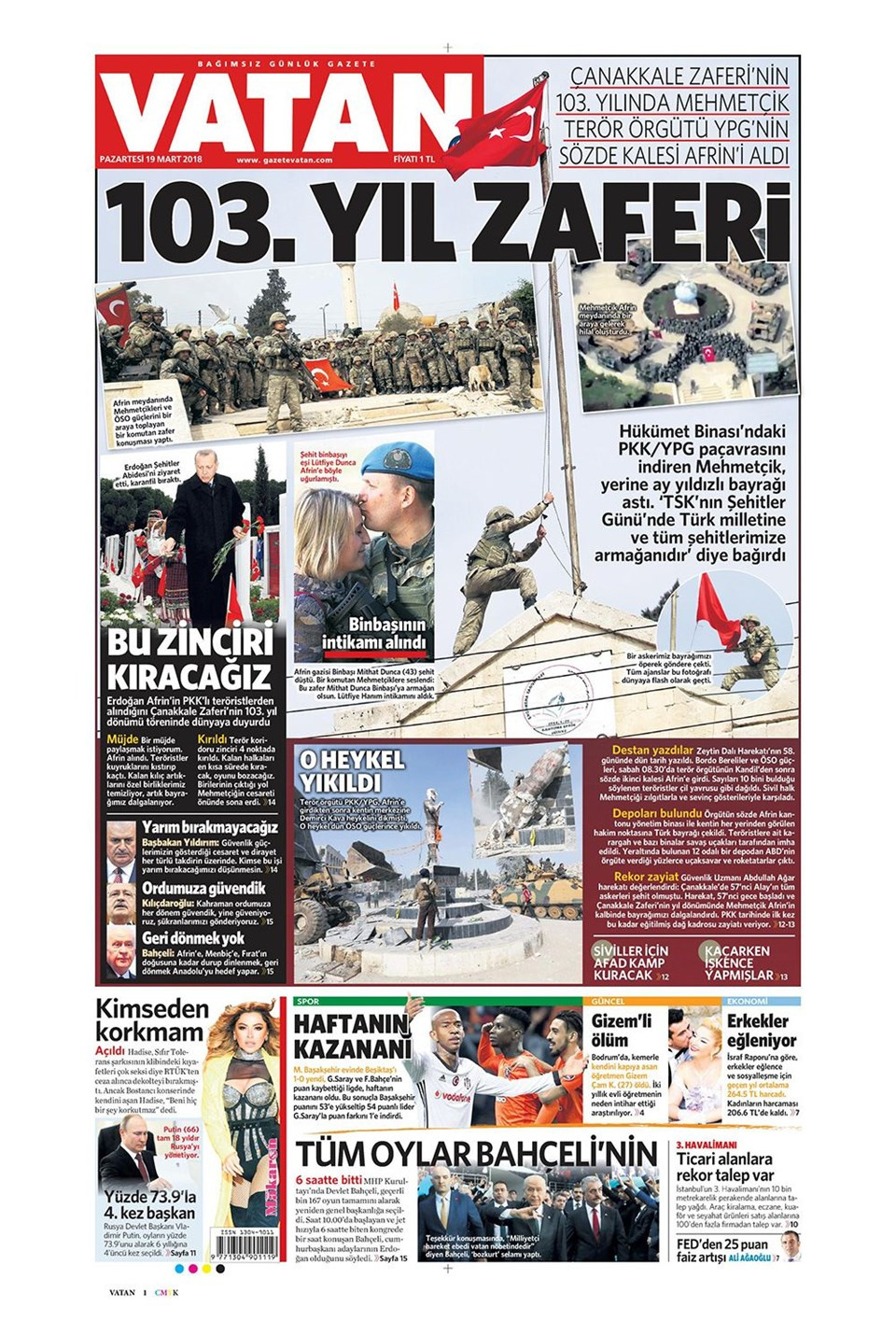 Gazete manşetleri 19 Mart 2018 Hürriyet - Sözcü - Fanatik