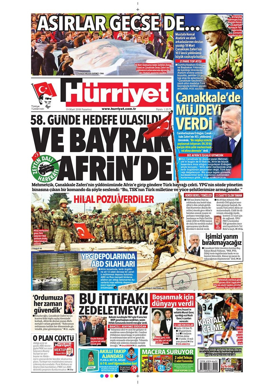 Gazete manşetleri 19 Mart 2018 Hürriyet - Sözcü - Fanatik