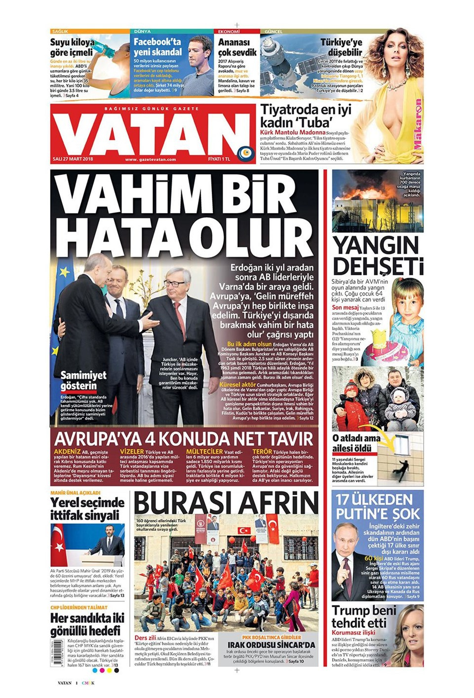 Gazete manşetleri 27 Mart 2018 Hürriyet - Sözcü - Cumhuriyet
