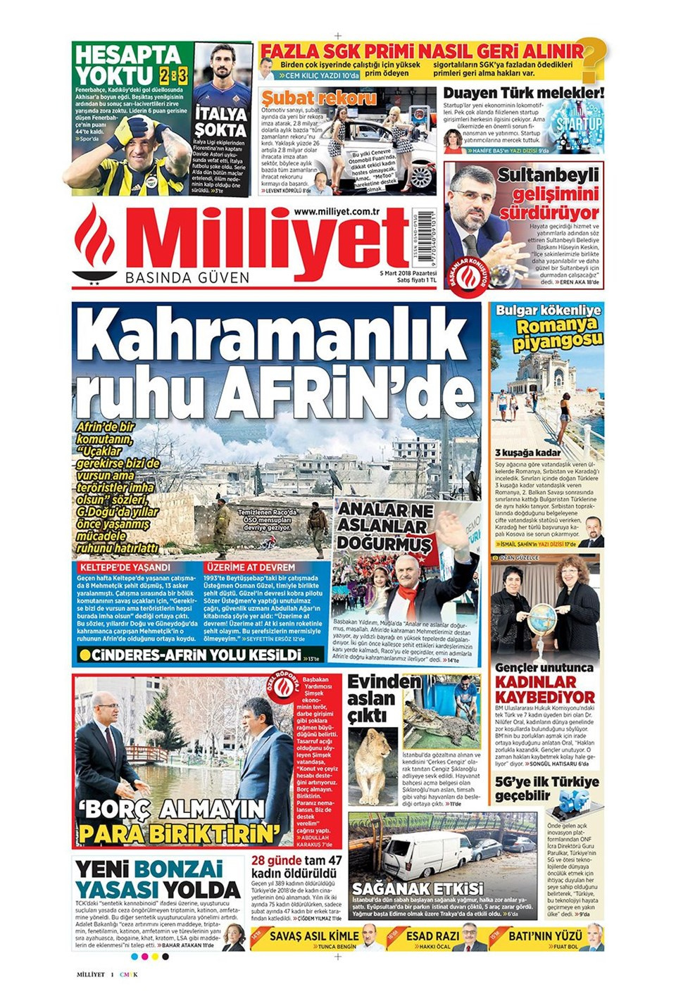 Gazete manşetleri 5 Mart 2018 Hürriyet - Sözcü - Fanatik
