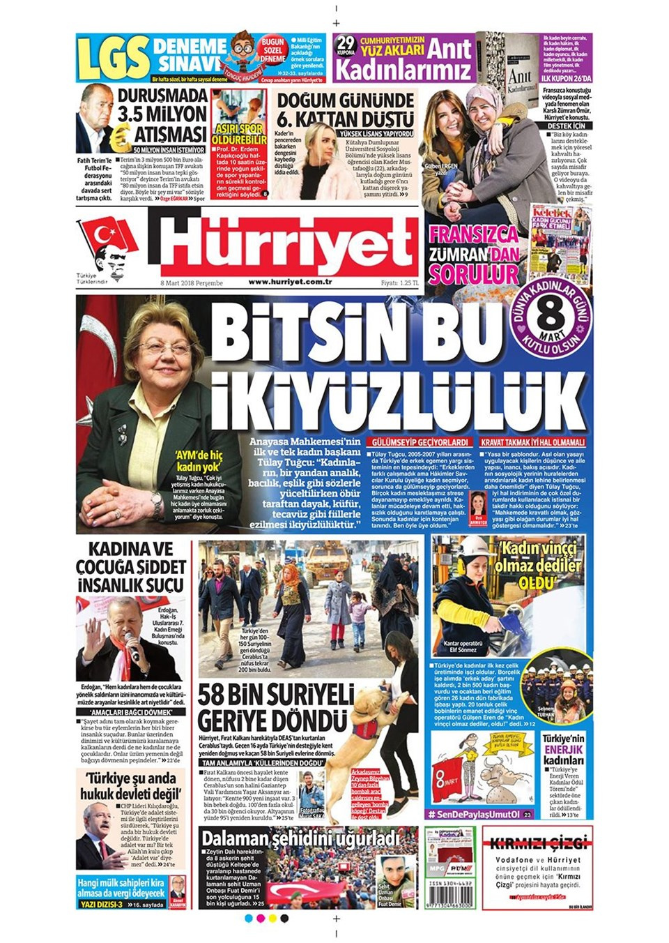 Gazete manşetleri 8 Mart 2018 Hürriyet - Sözcü - Fotomaç