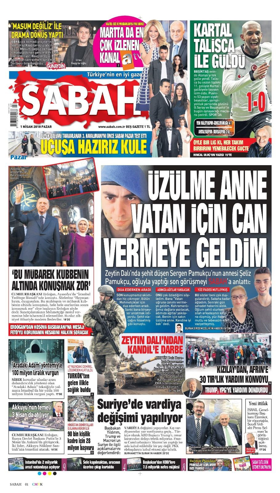 Gazete manşetleri  1 Nisan 2018 Hürriyet - Sözcü - Fanatik
