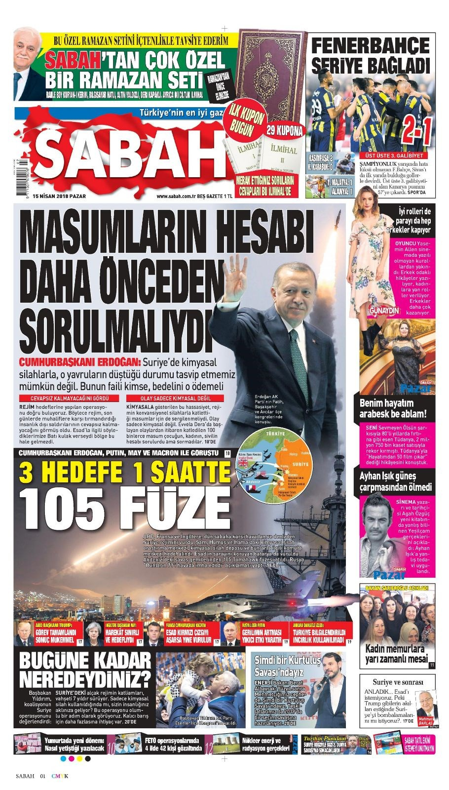 Gazete manşetleri 15 Nisan 2018 Hürriyet - Sözcü - Fanatik